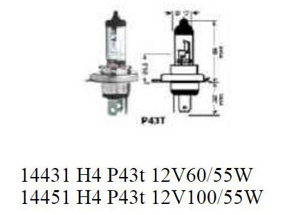 H4 60/55W Clear Headlight Bulb.