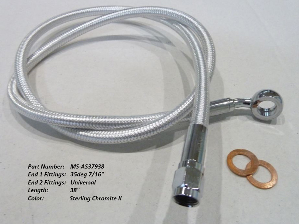 38" Upper Front Brake Line with 7/16" x 35 Degree Banjo - Sterling Chromite. » 38" Upper Front Brake Line with 7/16" x 35 Degree Banjo - Sterling Chromite.