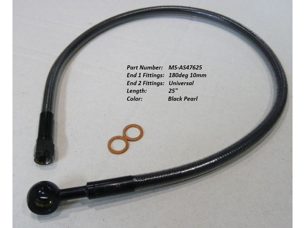 25" Upper Front Brake Line with 10mm x 180 Degree Banjo - Black Pearl. » 25" Upper Front Brake Line with 10mm x 180 Degree Banjo - Black Pearl.