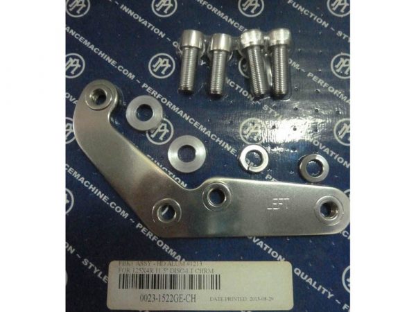 Left Hand Front Caliper Mount - Chrome. Fits Big Twin & Sportster 1984-1999 Models with Narrow Glide Front End & Spoke wheel.