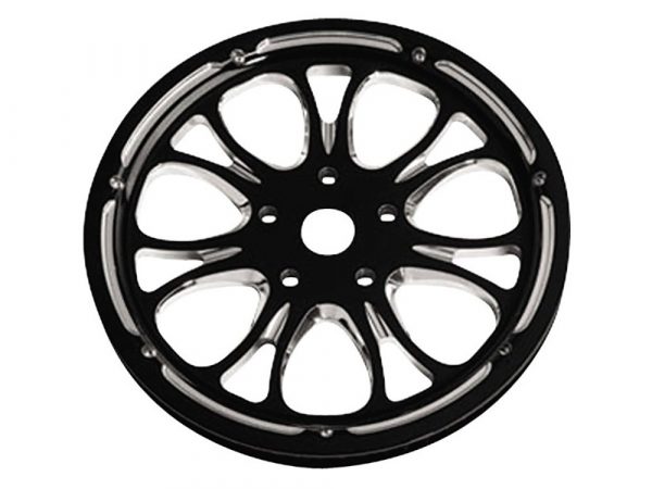 70 Tooth x 1-1/8" wide Heathen Pulley - Black Contrast Cut Platinum. Fits Softail 2000-2006, Touring 2004-2006 & Dyna 2000-2006.
