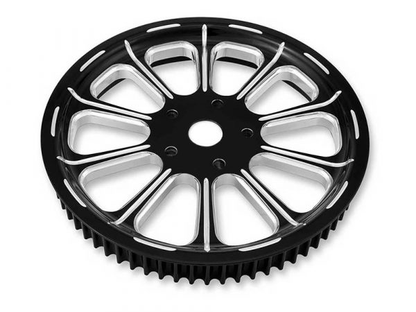 66 Tooth x 1" wide Revel Pulley - Black Contrast Cut Platinum. Fits Softail 2012-2017, Breakout 2013-2017 & Rocker 2008-2011.